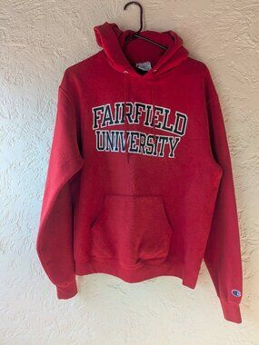 Cozy, red Champion hoodie/sweatshirt w/Fairfield U. Logo